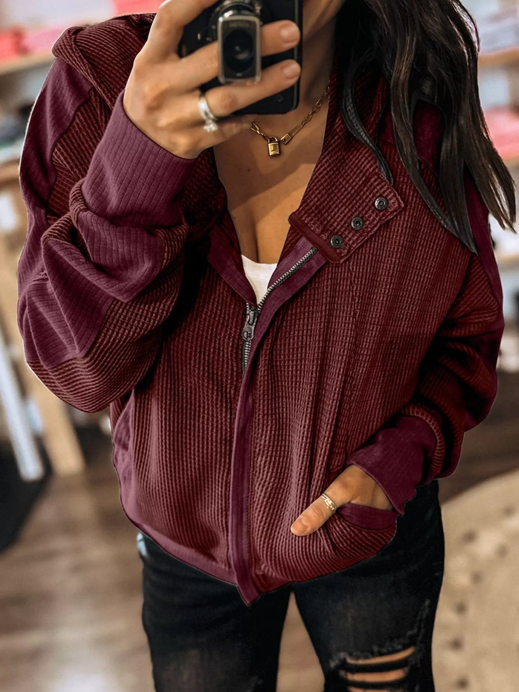 Waffle Zip Up Hooded Jacket with Pockets THRIXINE