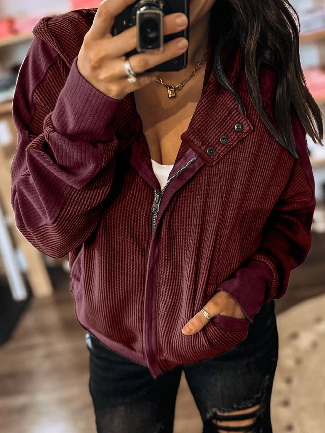 Waffle Zip Up Hooded Jacket with Pockets THRIXINE
