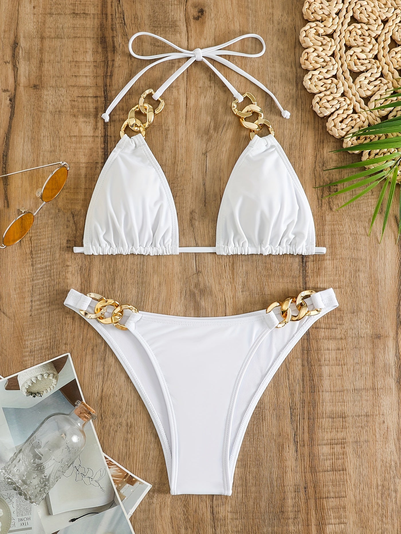 Luxe Chain Link Triangle Halter Bikini Set – Chic V Neck 2 Piece Swimsuit with Lace-Up Tie Back High Stretch Nylon Blend and Sleek Solid Color Finish – Women's Elegant Swimwear for Summer Beach & Pool Style Stevvex