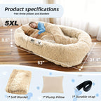 Orthopedic Human Dog Bed 71"x45"x12" Oval Washable Faux Fur Pet Bed with Plump Pillow, Blanket & Strap - Non-Slip Spa Design for All Dog Sizes, Grey, Cozy Nap Spot, Cozy Aesthetic, Durable Polyester, Home Lounging