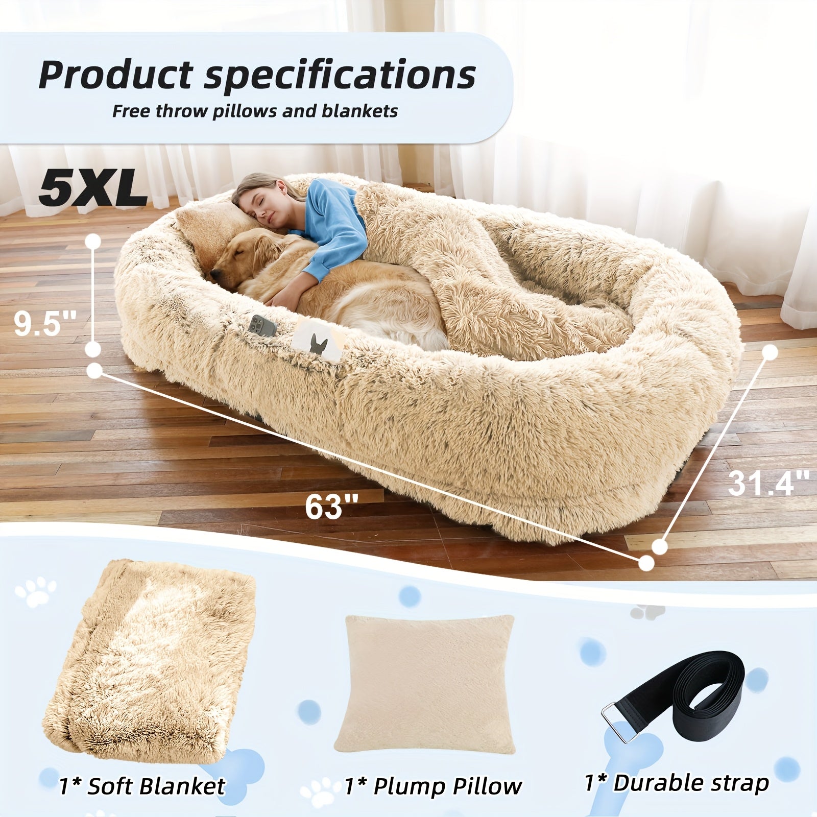 Orthopedic Human Dog Bed 71"x45"x12" Oval Washable Faux Fur Pet Bed with Plump Pillow, Blanket & Strap - Non-Slip Spa Design for All Dog Sizes, Grey, Cozy Nap Spot, Cozy Aesthetic, Durable Polyester, Home Lounging