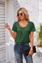 Women's Short-sleeved T-shirt Summer Button Square Collar Pleated Design Solid Color Loose T-shirt Womens Clothing Pi-Mart