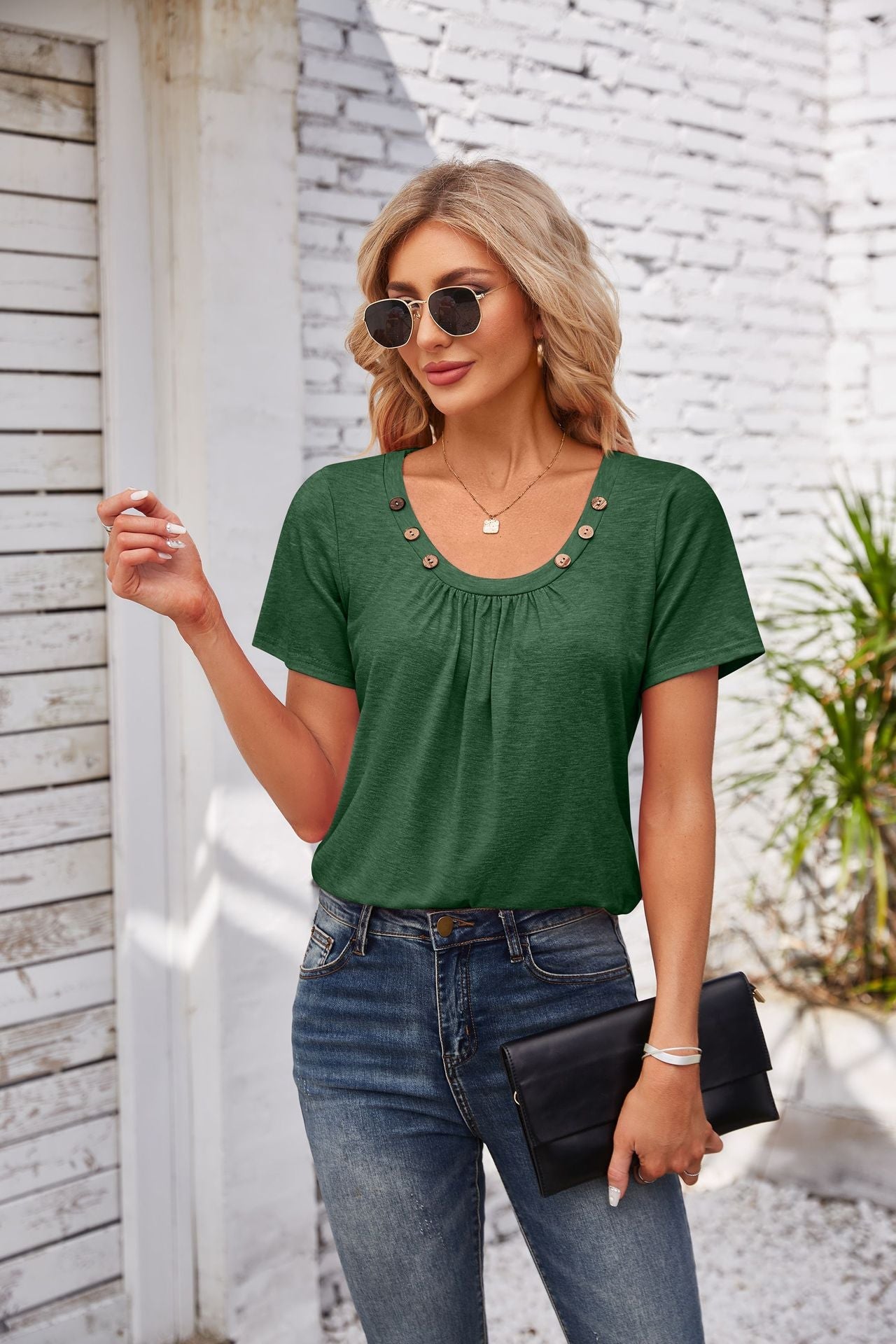 Women's Short-sleeved T-shirt Summer Button Square Collar Pleated Design Solid Color Loose T-shirt Womens Clothing Pi-Mart
