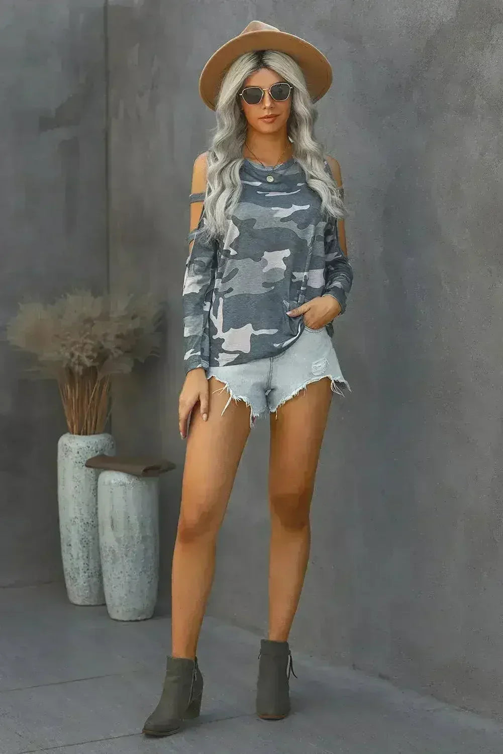 Camouflage Shoulder To Hollow Out Long Sleeve Top - SJB-DIAMOND ELITES
