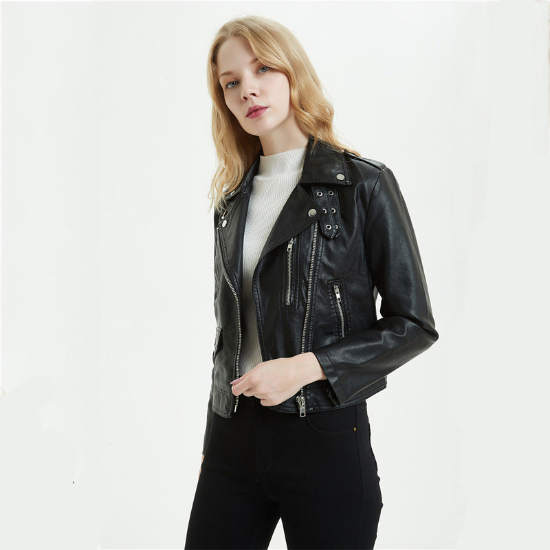 European And American Women's Short PU Motorcycle Jacket Pi-Mart
