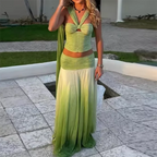 Sexy Strapless Top with Long Skirt Women's Suits Fashion Backless Pleated Club Outfit Gradient Green Hollow Slim Two Piece Sets Purplish Diva
