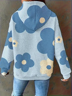 Floral Print Textured Drawstring Hoodie THRIXINE