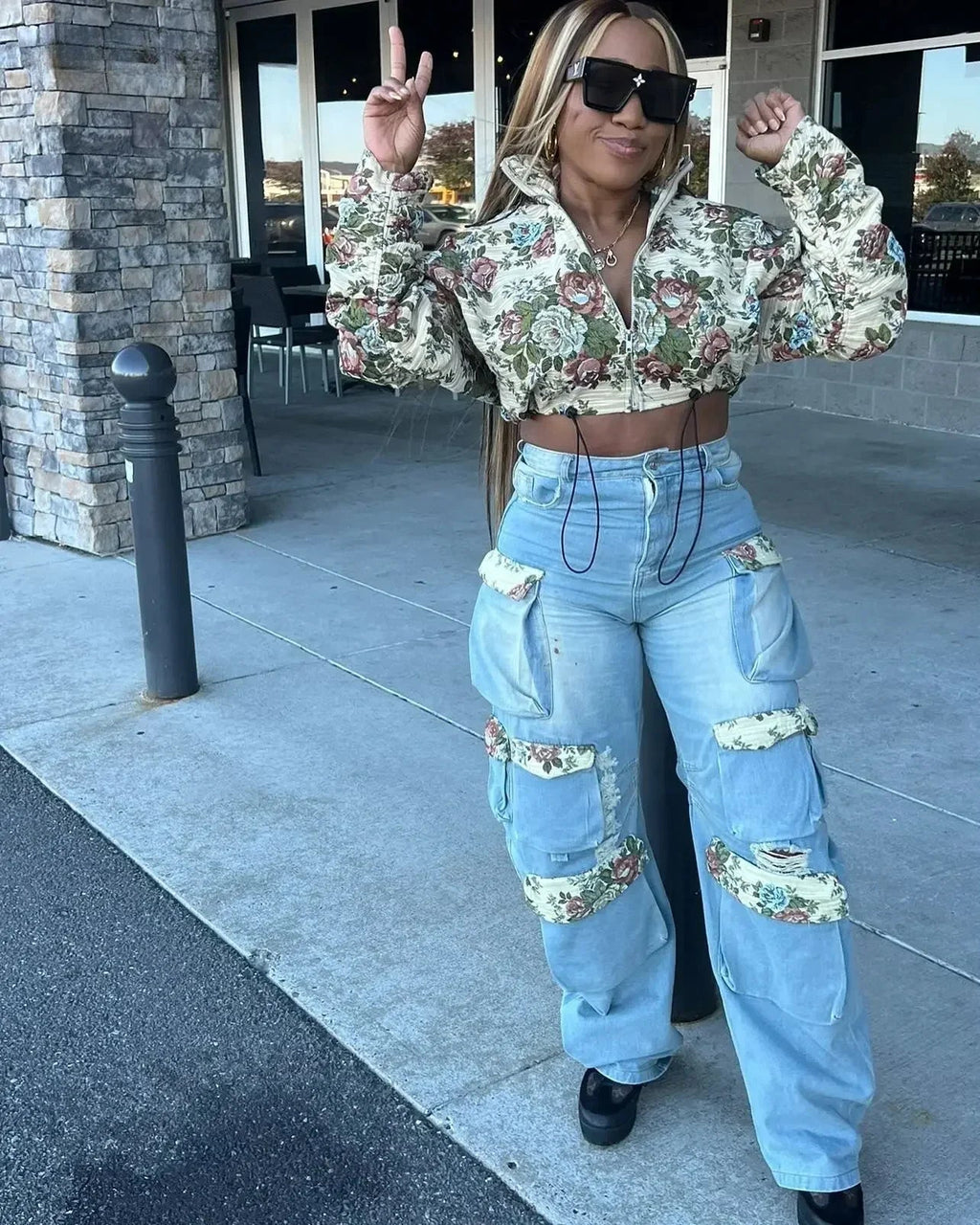 BWQ Washed Denim Women's Set Full Sleeve Floral Jacket and Pockets Cargo Jeans Pants Suit 2025 Street Two 2 Piece Set Outfit Purplish Diva