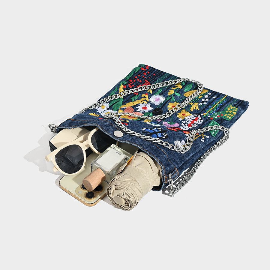 Mini embroidered denim bag, Street stylish student flower three-dimensional shoulder bag, design underarm bag - SJB-DIAMOND ELITES