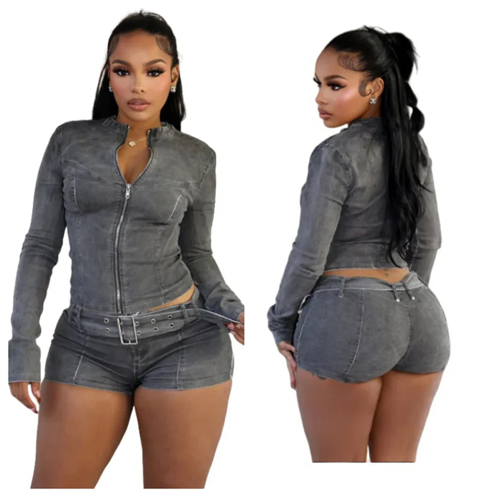 Sexy Denim Womens 2 Two Piece Set Stretchy Long Sleeve Zip Up Slim Jackets and Shorts Suits Y2k Streetwear Belt Jean Outfit Sets Purplish Diva