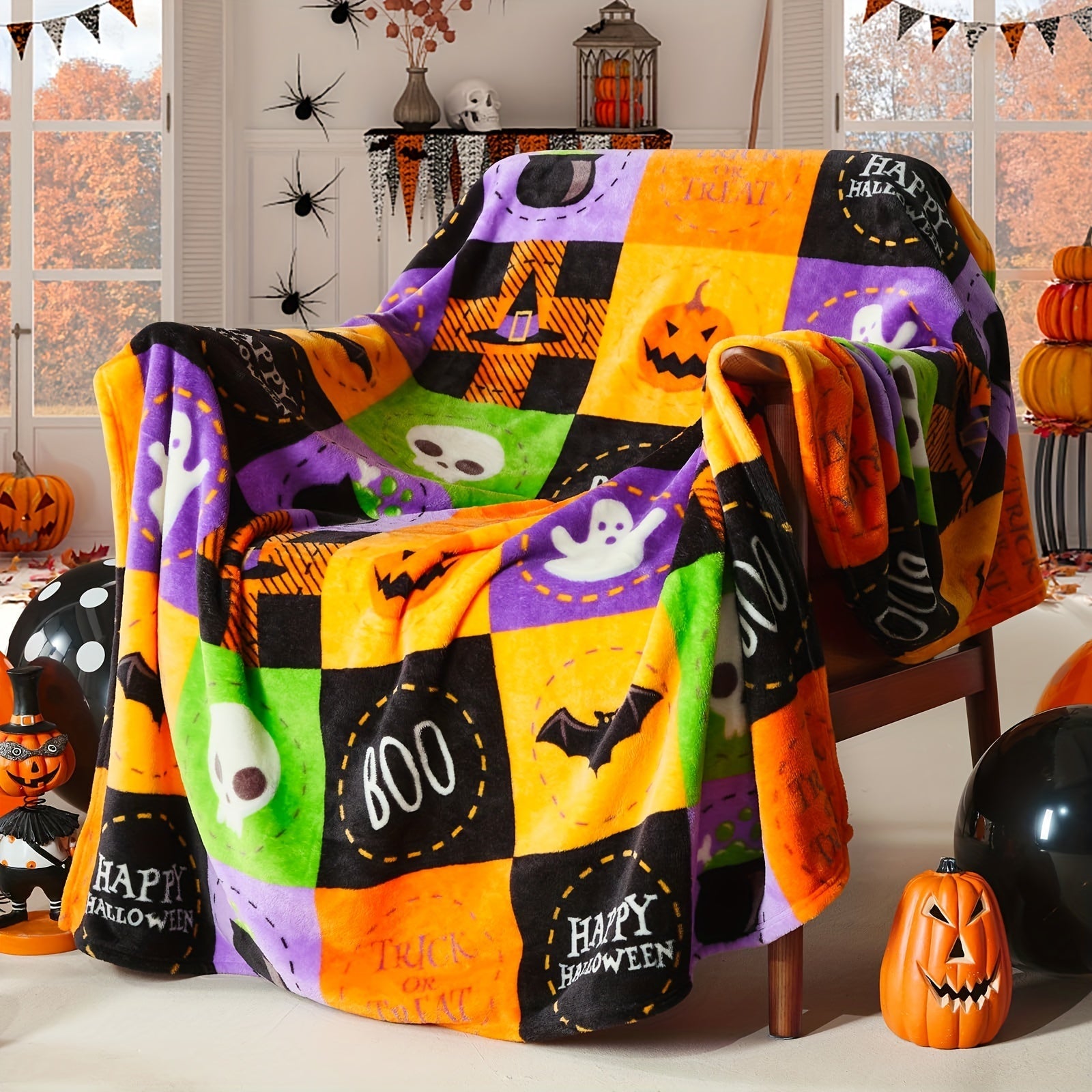 1pc Halloween Fleece Throw Blanket, Bat, Ghost Fall Plaid Blanket, Soft Fuzzy Plush For Couch Sofa Or Bed, Luxury Flannel Lap Blanket Lootquake LLC