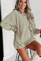 Green Ribbed Knit Sweatshirt - Round Neck Pullover | Femstylo