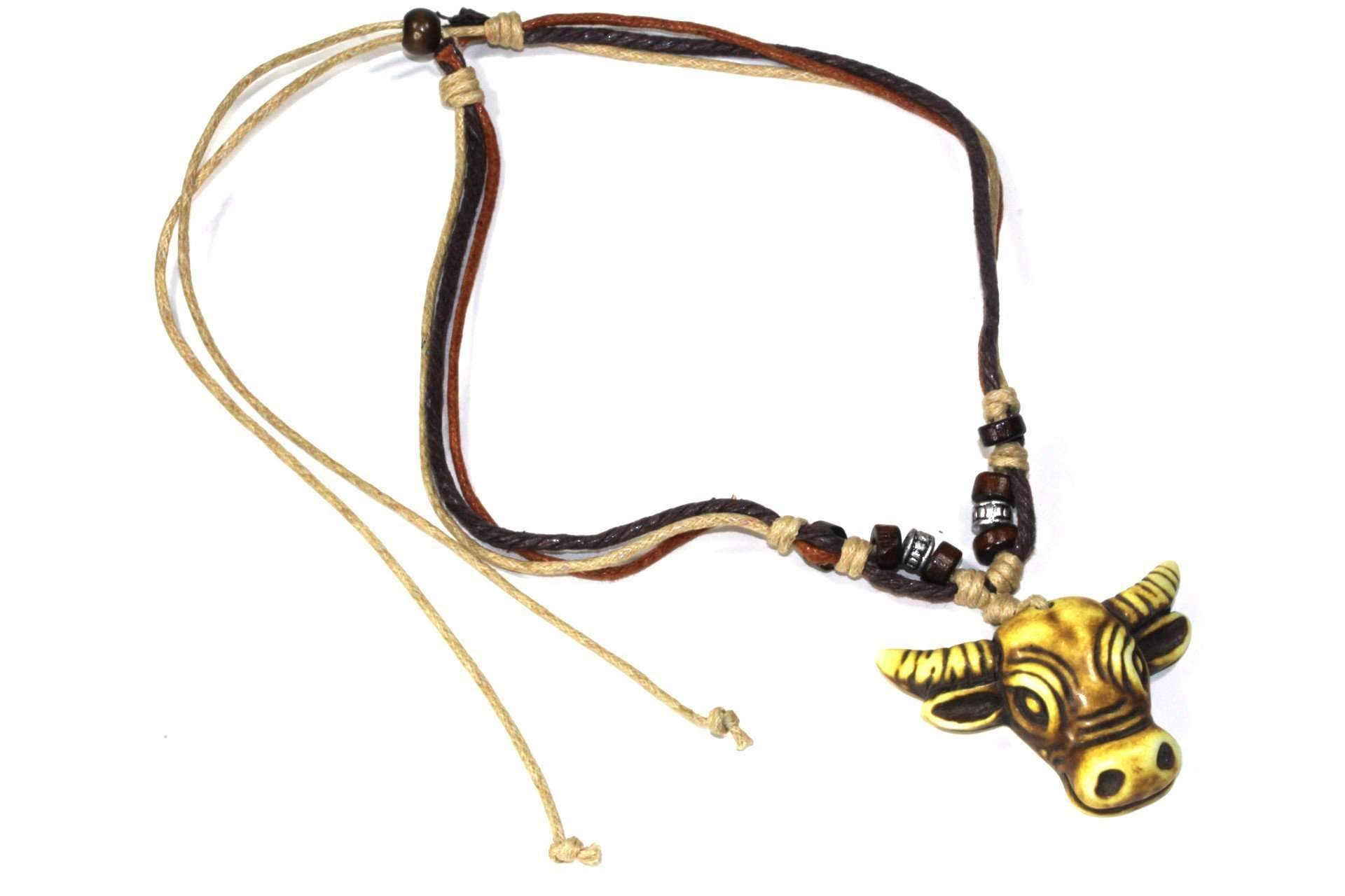Boho Tribal Cow Head Necklace Beige Brown Tan Wooden Cord