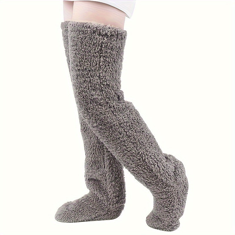 Fuzzy Thigh High Stockings, Warm Over-the-Knee Socks for Women, Solid Color Lootquake LLC