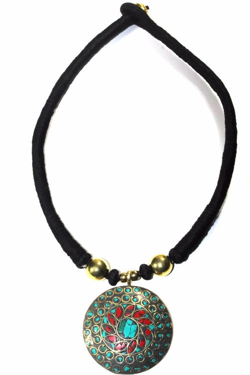 Mosaic Medallion Necklace Colorful Handplaced Brass Pendant BandsCo Straps