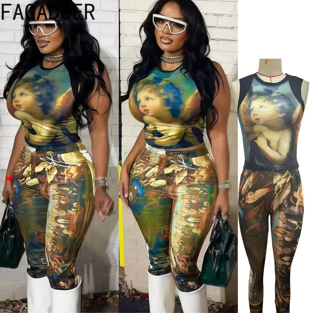 FAGADOER Fashion Print 2 Piece Sets Woman Outfit Oil Painting Sleeveless Crop Top And Pants Female Streetwear Summer Spring New Purplish Diva