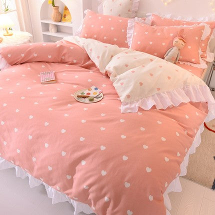 Ins Fashion Solid Cotton Bedding Set with Fitted Bed Sheet Cute Princess AB Double Sided Ruffle Quilt Cover Pillowcase Full Size Pi-Mart