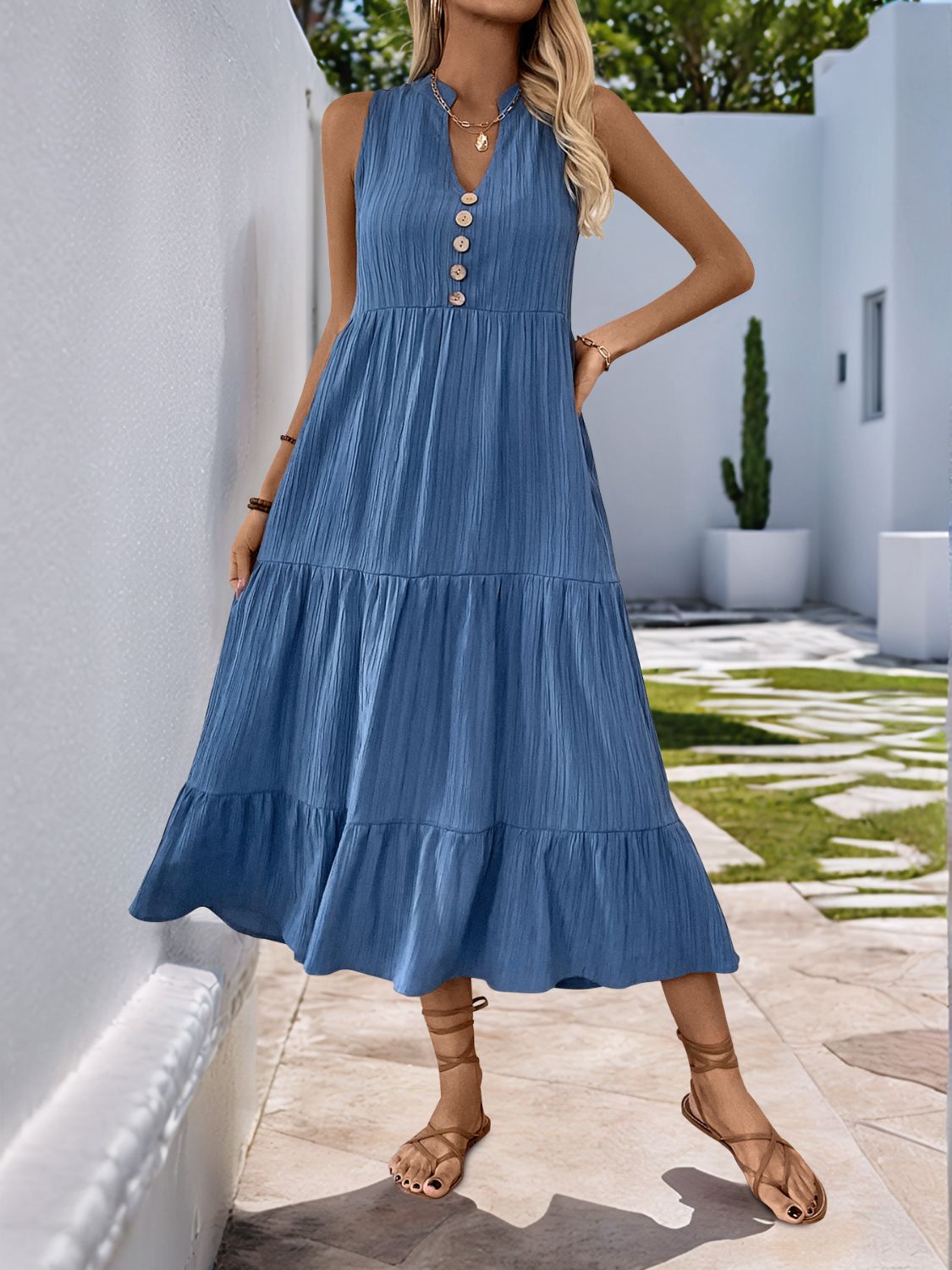 Decorative Dusty Blue Button Notched Sleeveless Dress Elegant & Feminine Style Long Dress For Women Stevvex