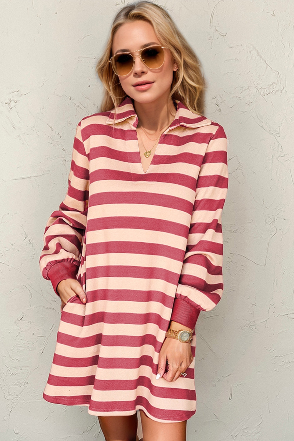 Deep Rose Full Size Striped Contrast Collared Neck Long Sleeve Dress Modern & Stylish Women’s Wear Stevvex
