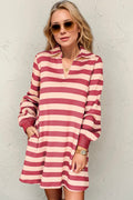 Deep Rose Full Size Striped Contrast Collared Neck Long Sleeve Dress Modern & Stylish Women’s Wear Stevvex