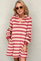 Deep Rose Full Size Striped Contrast Collared Neck Long Sleeve Dress Modern & Stylish Women’s Wear Stevvex