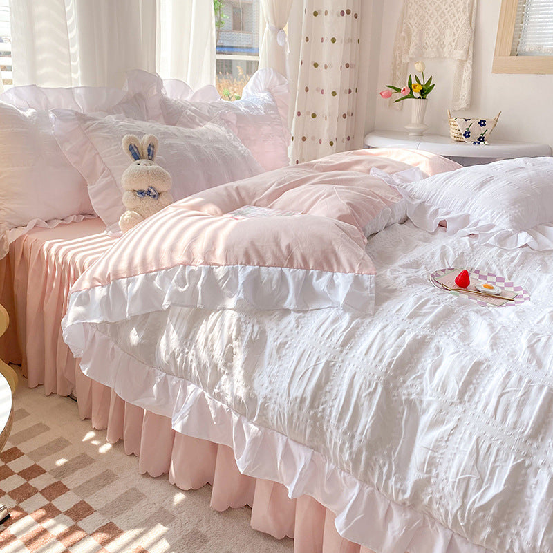 Solid Color Four-piece Quilt Cover Bed Skirt Bedding Set Pi-Mart