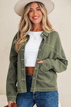 Denim Button-Up Patch Pocket Collared Jacket THRIXINE