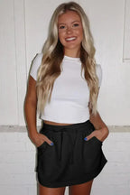 Black French Terry Drawstring Mini Skort with Pockets