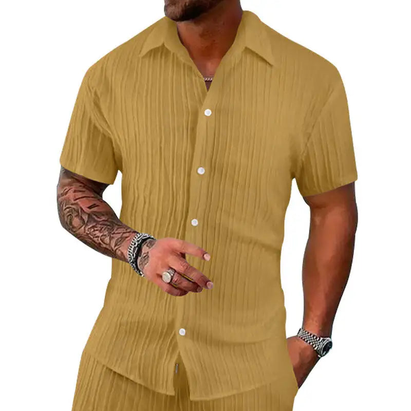 Polo Collar Solid Color Short Sleeve Button Men's Casual Loose Short Sleeves Shirt