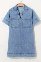 Beau Blue Short Sleeve Collared Chest Pocket Denim Mini Dress