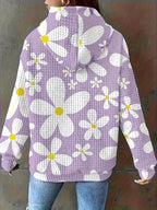 Floral Print Textured Drawstring Hoodie THRIXINE