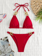 Luxe Chain Link Triangle Halter Bikini Set – Chic V Neck 2 Piece Swimsuit with Lace-Up Tie Back High Stretch Nylon Blend and Sleek Solid Color Finish – Women's Elegant Swimwear for Summer Beach & Pool Style Stevvex