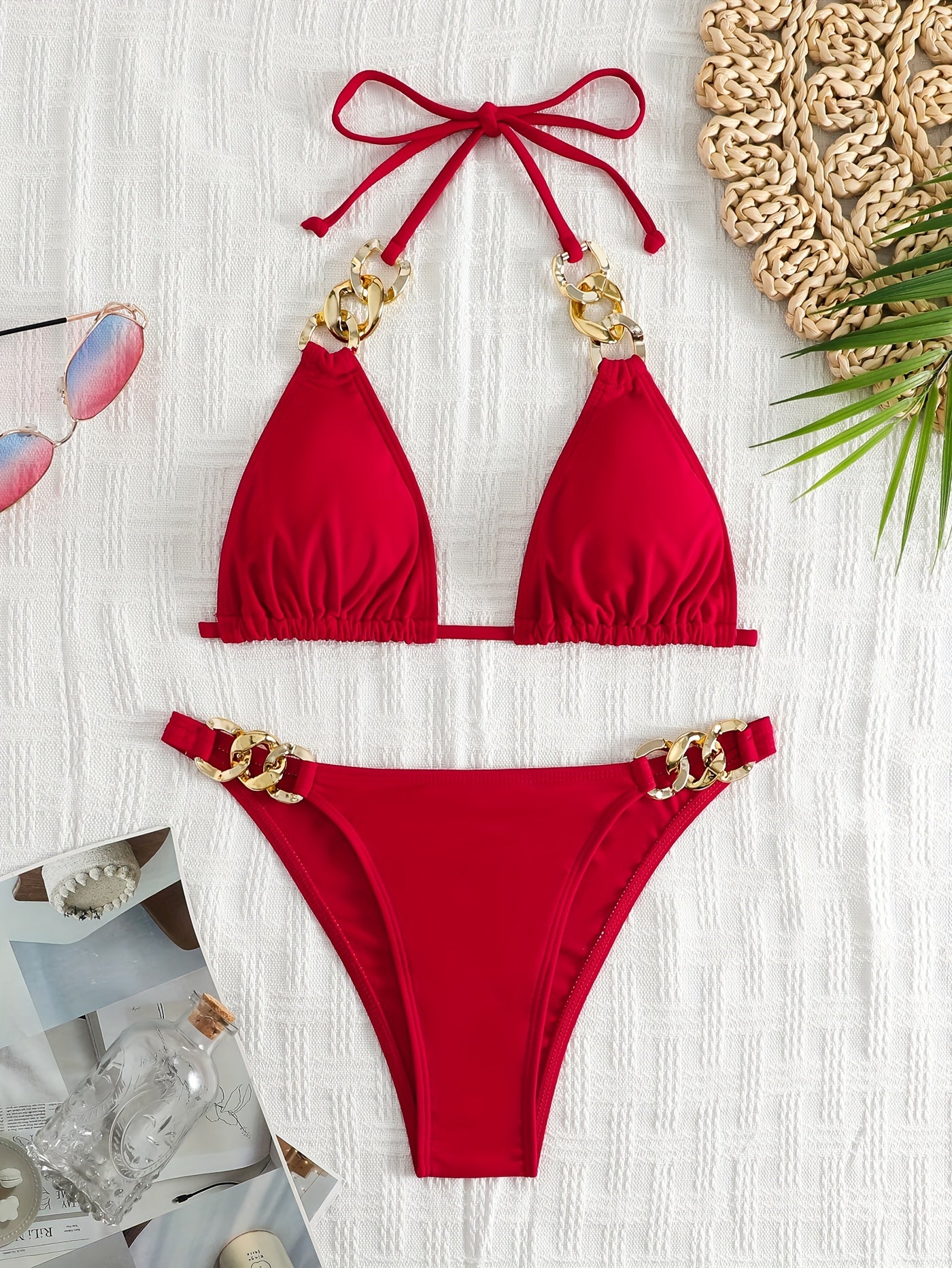 Luxe Chain Link Triangle Halter Bikini Set – Chic V Neck 2 Piece Swimsuit with Lace-Up Tie Back High Stretch Nylon Blend and Sleek Solid Color Finish – Women's Elegant Swimwear for Summer Beach & Pool Style Stevvex