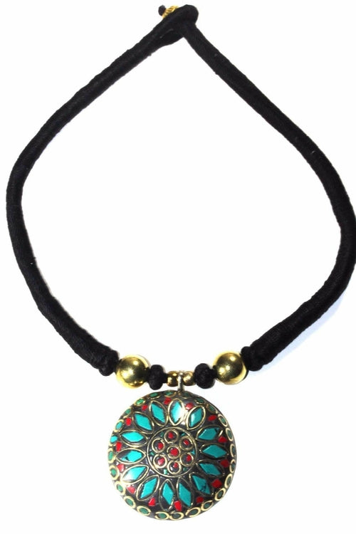 Mosaic Medallion Necklace Colorful Handplaced Brass Pendant BandsCo Straps