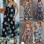 Flowers Print Suspender Jumpsuit With Pockets Spring Summer Fashion Round-neck Overalls For Womens Clothing Pi-Mart