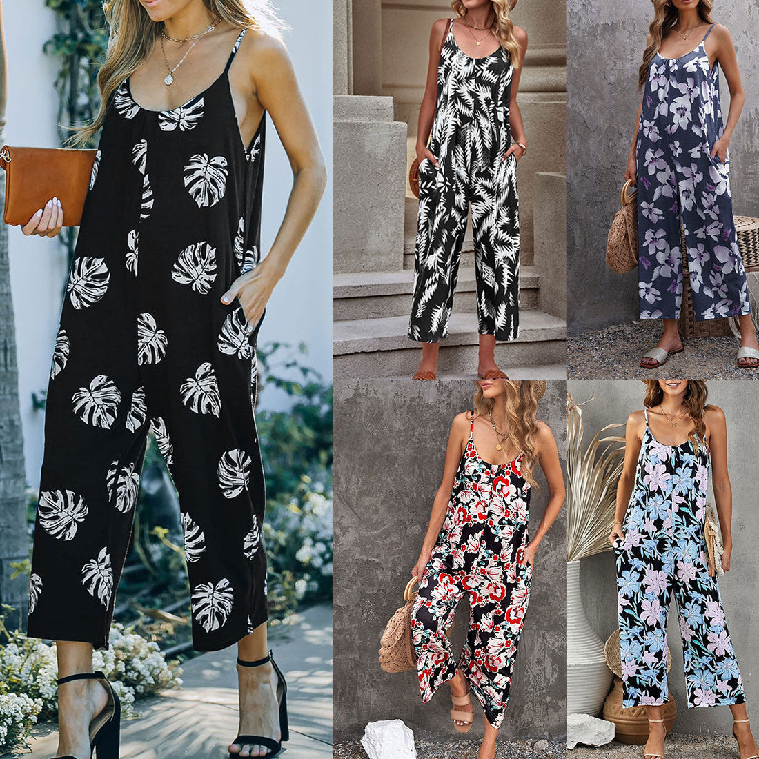 Flowers Print Suspender Jumpsuit With Pockets Spring Summer Fashion Round-neck Overalls For Womens Clothing Pi-Mart