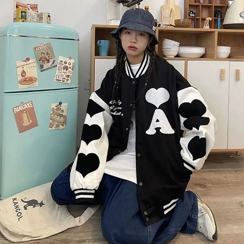 Stitching Heart Embroidery Loose Student Jacket Trendy Pi-Mart