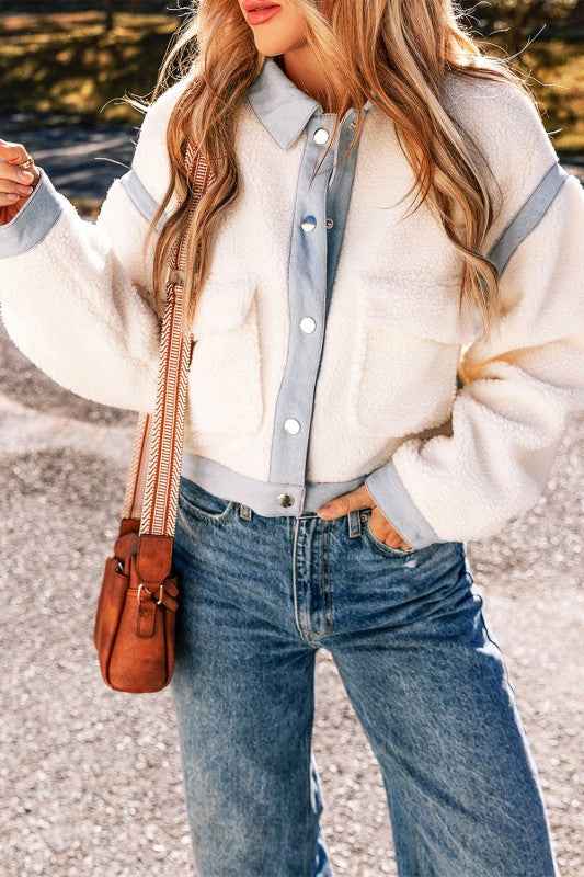 Solid Contrast Trim Buttoned Sherpa Jacket THRIXINE