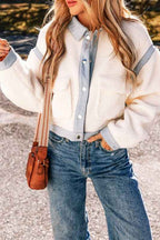 Solid Contrast Trim Buttoned Sherpa Jacket THRIXINE