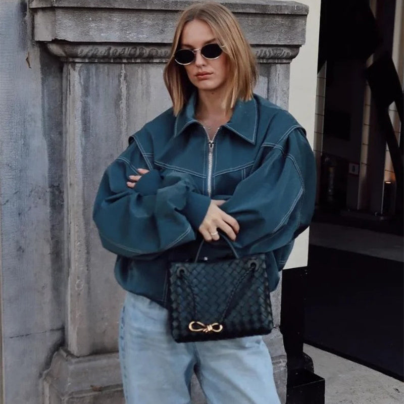 Loose Fashion Lapel Zip-up Jacket Cool Long Sleeve Zipper Closure Moto Biker Leather Jacket Womens Clothing Pi-Mart