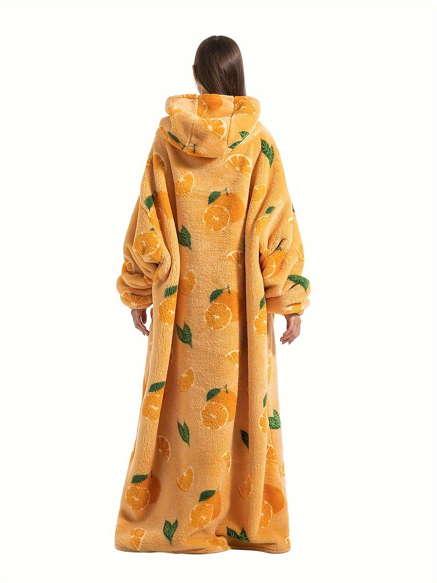 Plus Size Pumpkin Print Flannel Blanket Hoodie - Soft, Cozy, Plush, Hooded, Winter Outwear for Women with Halloween Theme Lootquake LLC