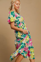 Colorful Full Size Floral Print Puff Sleeve Midi Dress Plus Size Elegant & Feminine Romantic Long Dress Stevvex