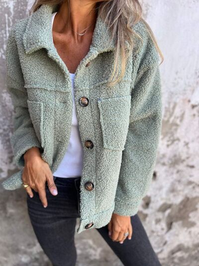 Comfortable Modern Women Full Size Fuzzy Button-Up Jacket with Drop Shoulder and Pockets Stevvex