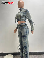 Mlaiscsr Vintage Stretch Denim 2 Piece Pants Sets Women Zip Slim Jackets and Pocket Cargo Jeans Outfit Streetwear Winter Suits Purplish Diva