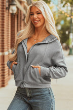 Waffle Zip Up Snap Button Hooded Jacket THRIXINE