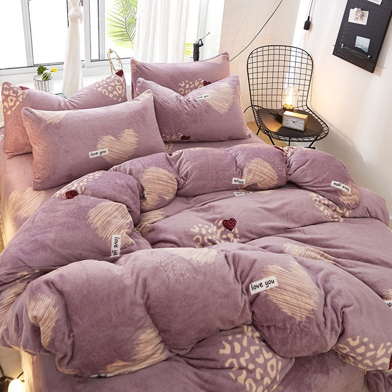 Flannel Bed Sheet Cover, Quilt Cover, Pillowcase And Bedding Set Of 4 Pi-Mart