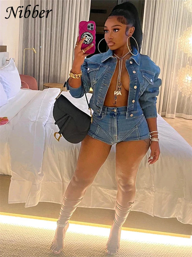 Nibber Denim Fabric Autumn Trend Two Piece Set Patchwork Women Lapel Short Jacket + Slim Fitting Super Shorts Sexy Street Suits Purplish Diva