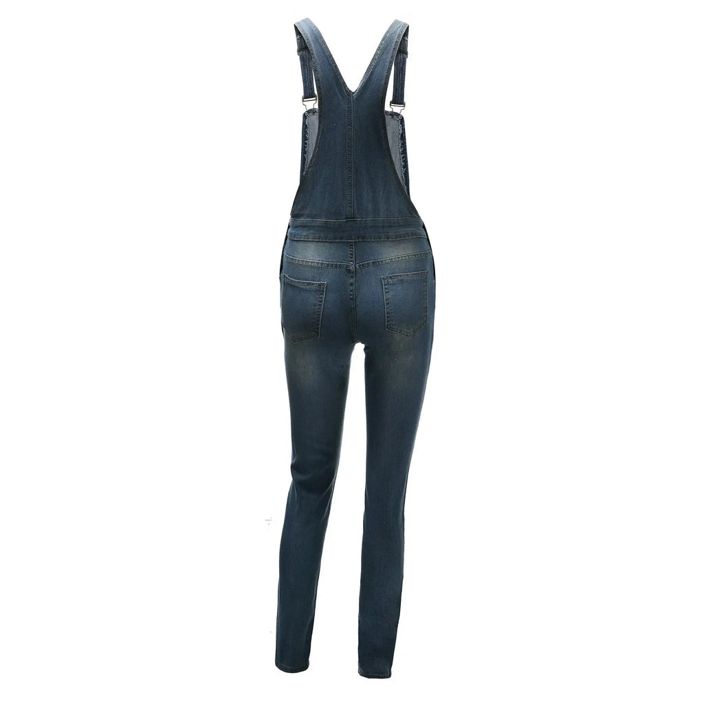 Women Demin Overalls Jumpsuits Jeans Distressed Pencil Pants Denim Holes Pockets Jenas High Street Mid Waist One Piece Slim Fit Purplish Diva