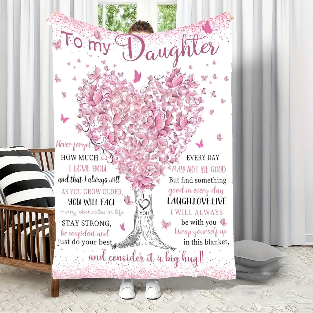 1pc To My Daughter Blanket Love Letter Fleece Blanket, Multi-functional Comfort Throw With Digital Tree Print, Collegiate Style, Special Gift For Daughter Lootquake LLC