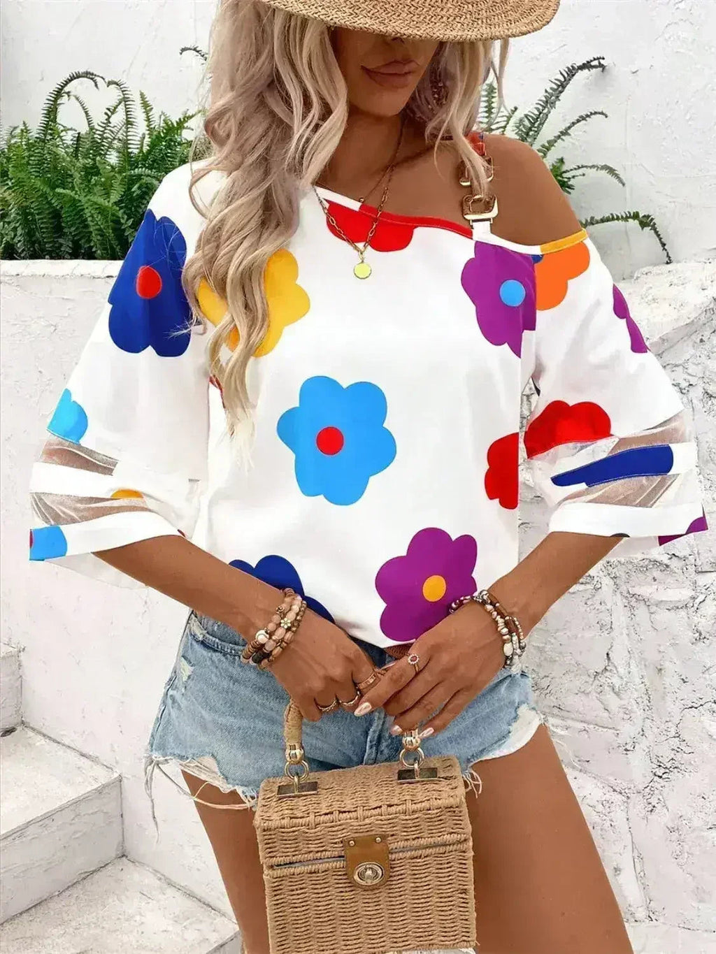 White Color Flower Asymmetrical Neck Blouse | Femstylo - SJB-DIAMOND ELITES